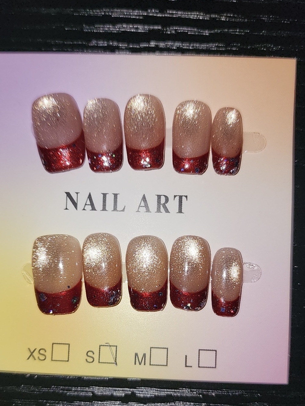 Nail Art Press-On Set — Shimmery Champagne with Red Glitter Tips